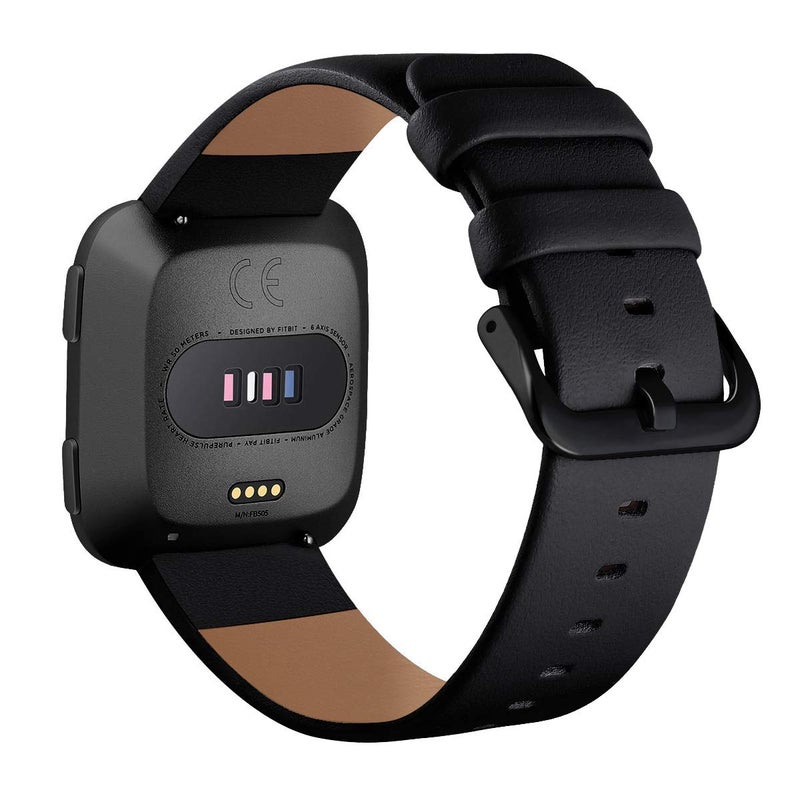 KADES Leather Band Replacement Strap Compatible with Fitbit Versa 2/SE/Lite Smartwatch for Women & Men (Black Band+Black Buckle) - Image 2